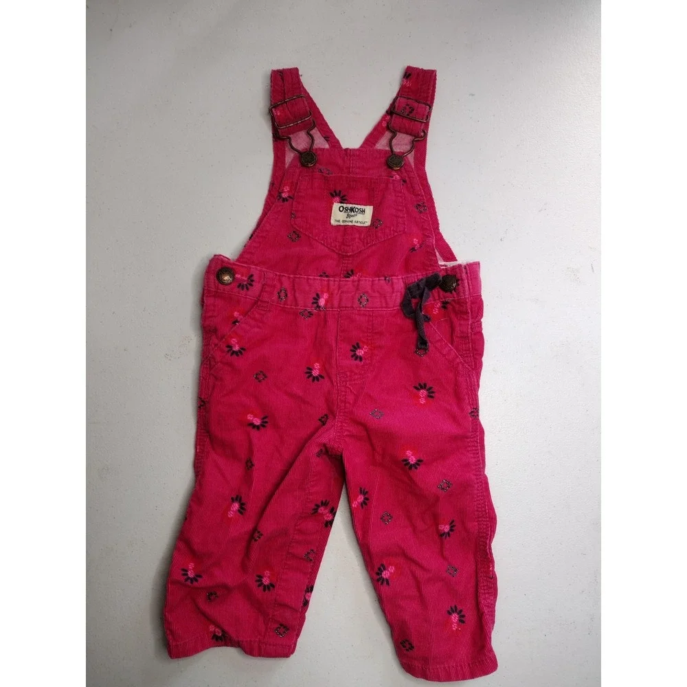 OshKosh Bgosh‎ Baby Girls Pink Corduroy Floral Print Overalls 6M Snap Inseam